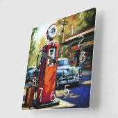 Pastel schets vintage benzinestation auto's vierkante klok (Hoek)