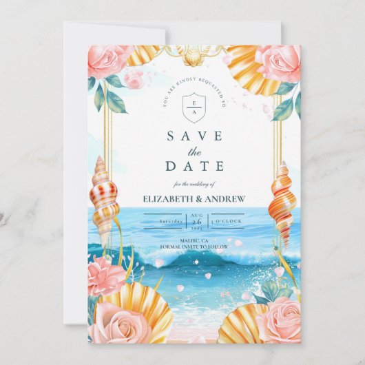 Pastel Seashell Coastal Waters Wedding Save The Date (Voorkant)