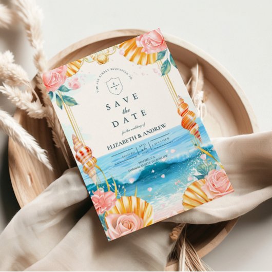 Pastel Seashell Coastal Waters Wedding Save The Date