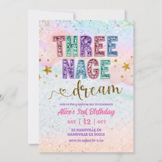 Pastel Sequin Glitter Threenage Dream Birthday Kaart (Voorkant)
