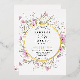 Pastel Shade Blush Roze Wild Bloemen Bruiloft Goud Folie Uitnodiging