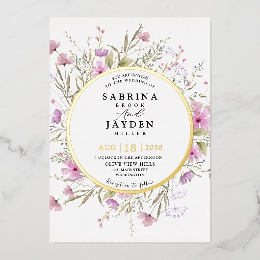 Pastel Shade Blush Roze Wild Bloemen Bruiloft Goud Folie Uitnodiging (Voorkant)