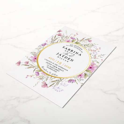 Pastel Shade Blush Roze Wild Bloemen Bruiloft Goud Folie Uitnodiging (Gedraaid)