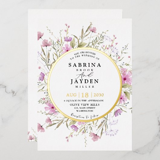 Pastel Shade Blush Roze Wild Bloemen Bruiloft Goud Folie Uitnodiging (Voorkant / Achterkant)