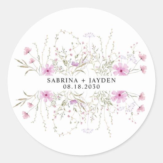 Pastel Shade Blush Roze Wild Bloemen Bruiloft Ronde Sticker (Voorkant)