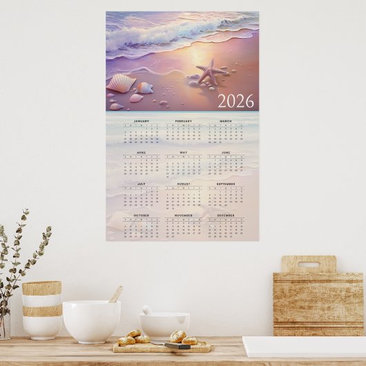 Pastel Shoreline 2026 Calendar with Seashells  Poster (Keuken)