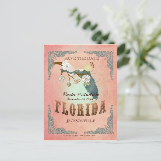 Pastel Sinaasappel Bewaar de datum - met mooie vog Aankondigingskaart (Staand voorkant)