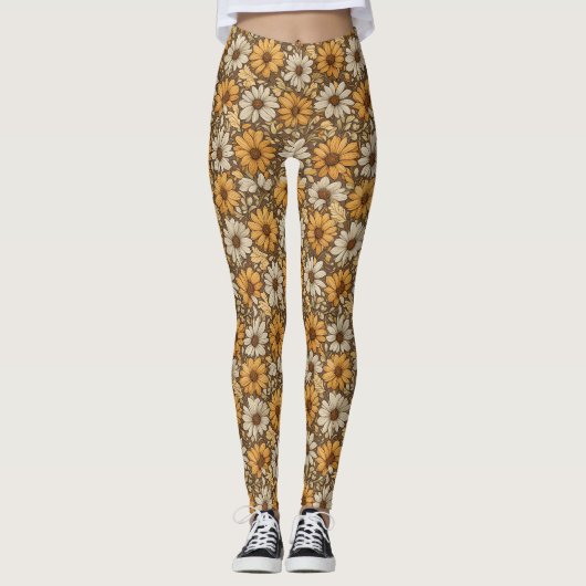 Pastel Sinaasappel en Bord Taupe Bloemen Leggings (Voorkant)
