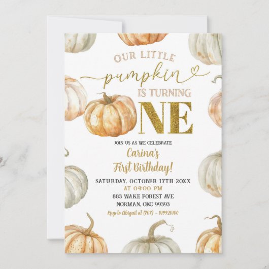 Pastel Sinaasappel en gouden pompoen eerste verjaa Kaart (Voorkant)