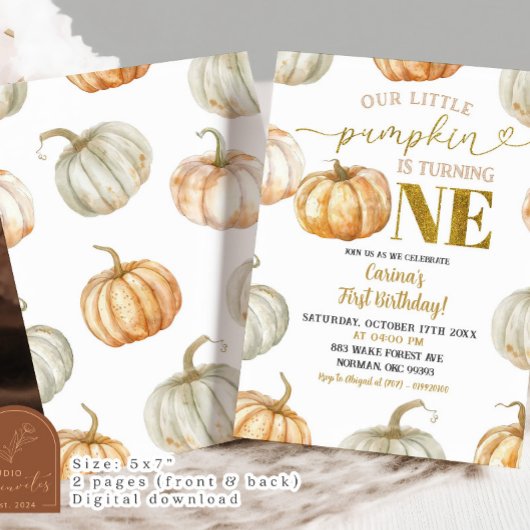 Pastel Sinaasappel en gouden pompoen eerste verjaa Kaart