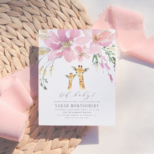 Pastel Sinaasappel en roze Floral Giraffe Baby sho Uitnodiging Briefkaart