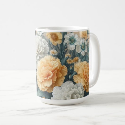 Pastel Sinaasappel en witte anjers Koffiemok (Voorkant rechts)