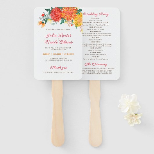 Pastel Sinaasappel Geel Lente Dahlia Bloemen Bruil Handwaaier (Voorkant en achterkant)