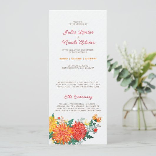 Pastel Sinaasappel Geel Lente Dahlia Bloemen Bruil Programmakaart (Staand voorkant)