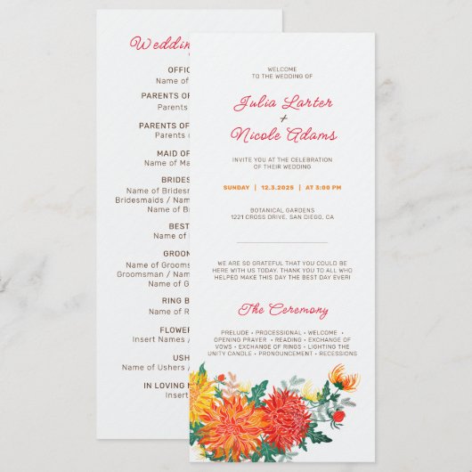 Pastel Sinaasappel Geel Lente Dahlia Bloemen Bruil Programmakaart (Voorkant / Achterkant)