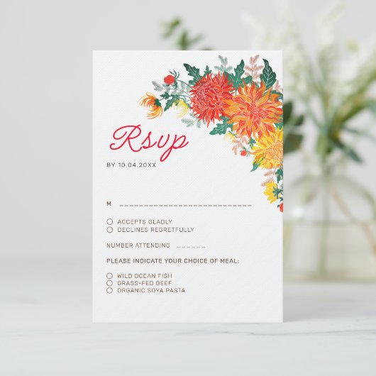 Pastel Sinaasappel Geel Lente Dahlia Bloemen Bruil RSVP Kaartje (Staand voorkant)