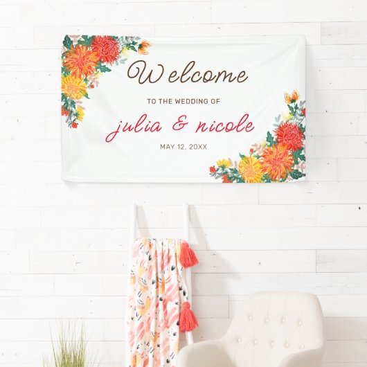 Pastel Sinaasappel Geel Lente Dahlia Bloemen Bruil Spandoek (Insitu)