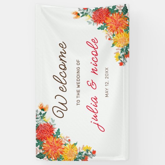 Pastel Sinaasappel Geel Lente Dahlia Bloemen Bruil Spandoek (Verticaal)
