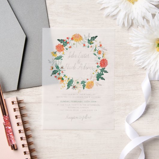 Pastel Sinaasappel Geel Lente Dahlia Bloemen Bruil Vellum Uitnodigingen (Huwelijk)