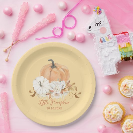 Pastel Sinaasappel Little Pumpkin Baby shower Papieren Bordje (Feest)