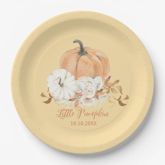 Pastel Sinaasappel Little Pumpkin Baby shower Papieren Bordje (Voorkant)