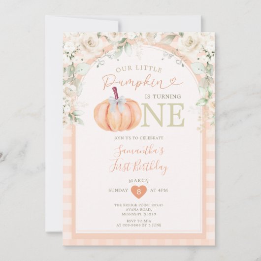 Pastel Sinaasappel Pompoen Bloemen Gingham 1e Verj Kaart (Voorkant)