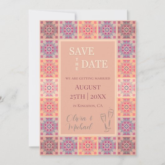 Pastel sinaasappel roze tegels patroon bruiloft save the date (Voorkant)