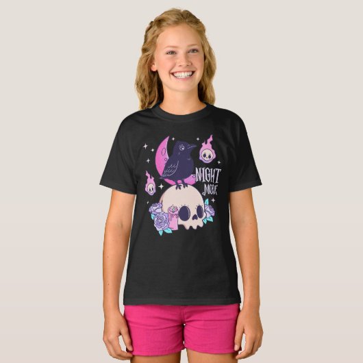 Pastel Skull and Crow Night Mode Goth T-shirt (Voorkant volledig)