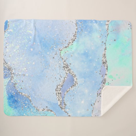 *~* Pastel Sky Blue Agate Silver GLITTER Ocean AP8 Sherpa Deken (Voorkant (horizontaal))