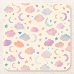 Pastel Sky Dreams - Maan, sterren en wolken patroo Kartonnen Onderzetters