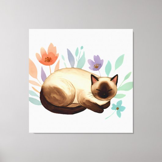Pastel Slumber: Siamese Cat in Bloom Canvas Afdruk (Voorkant)