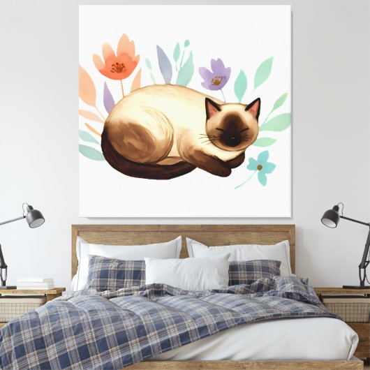 Pastel Slumber: Siamese Cat in Bloom Canvas Afdruk (Insitu (Slaapkamer))
