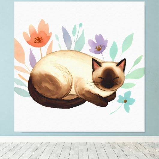Pastel Slumber: Siamese Cat in Bloom Canvas Afdruk (Insitu (Houten vloer))