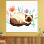 Pastel Slumber: Siamese Cat in Bloom Canvas Afdruk (Insitu (Woonkamer))
