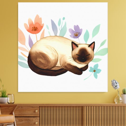 Pastel Slumber: Siamese Cat in Bloom Canvas Afdruk (Insitu (Woonkamer))