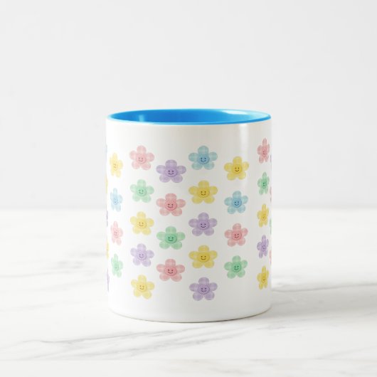 Pastel Smiley Flower Pattern – Cute Gingham  Tweekleurige Koffiemok (Center)