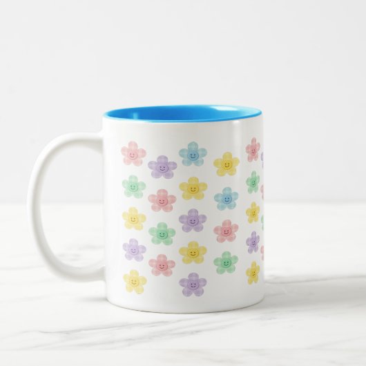 Pastel Smiley Flower Pattern – Cute Gingham  Tweekleurige Koffiemok (Links)