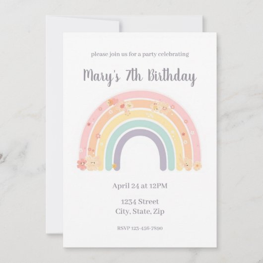 Pastel Smiling Floral Rainbow Kids Birthday Kaart (Voorkant)