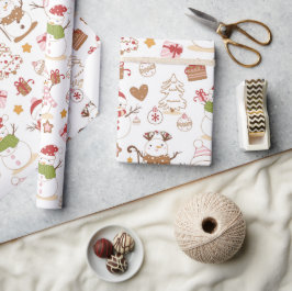 Pastel Sneeuwman Harten Getrokken Kerstmis Cadeaupapier