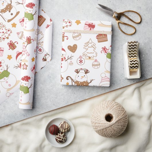 Pastel Sneeuwman Harten Getrokken Kerstmis Cadeaupapier (Crafts)