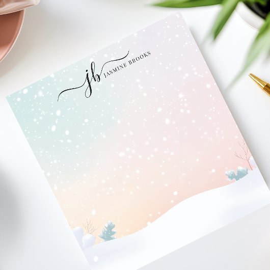 Pastel sneeuwval winterscène gepersonaliseerd notitieblok
