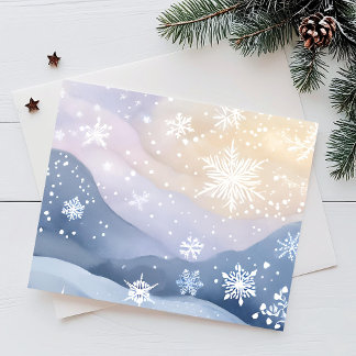 Pastel Sneeuwval Winterse Heuvels | Waterverf Mooi Feestdagenkaart