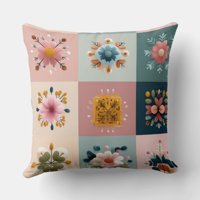 Pastel Sneeuwvlok & Bloemengepatchwork Worpkussen  Kussen (Achterkant)