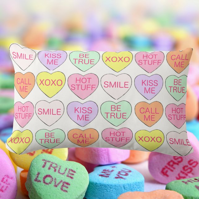 Pastel Snoep Hearts Love Valentijnsdag Decor Kussen (Candy conversation hearts pillow)
