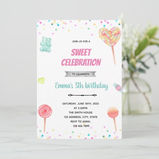Pastel snoep-uitnodiging kaart (Staand voorkant)