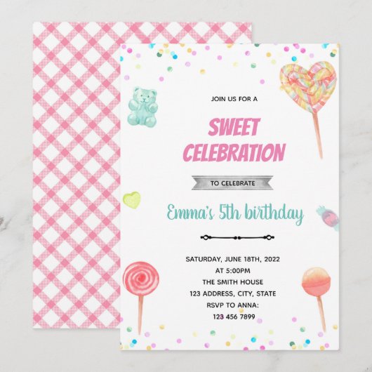 Pastel snoep-uitnodiging kaart (Voorkant / Achterkant)