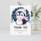 Pastel Snow Penguin Baby shower Bedankkaart (Staand voorkant)