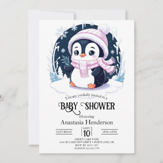 Pastel Snow Penguin Baby shower Kaart (Voorkant)