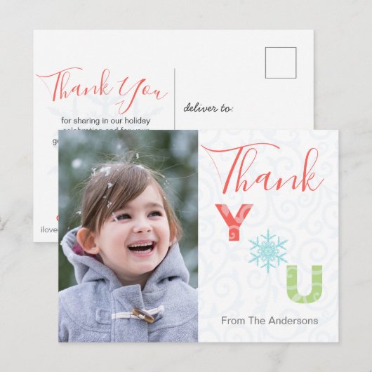 Pastel Snowflake Moderne Fotovakantie Dank je Briefkaart (Voorkant / Achterkant)