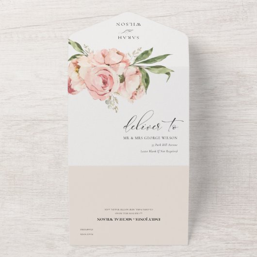 Pastel Soft Blush Peach Peony Floral Wedding All In One Uitnodiging (Buitenkant)